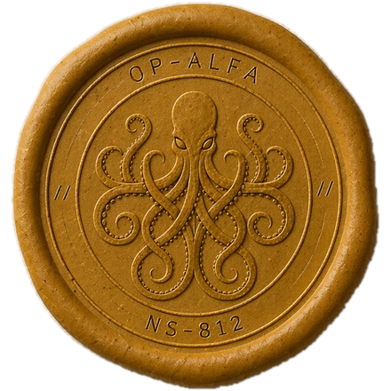 Wax seal in amber, embossed with the octopus and the reference NS-812.